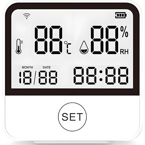 Thermomètre hygromètre WiFi avec horloge LCD sans fil pour chambre à coucher, cuisine (1/5)