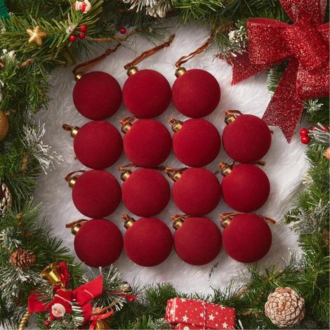 Lot de 15 boules de Noël en velours rouge, 8 cm, décorations en velours pour sapin de Noël, boules décoratives floquées pour fêtes de famille, mariages, Noël, décoration à suspendre