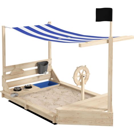 Bac à sable bois avec kit cuisine extérieur 6 pièces, coffre de rangement, barre gouvernail, drapeau, 180 x 103 x 144,5 cm, naturel (1/5)