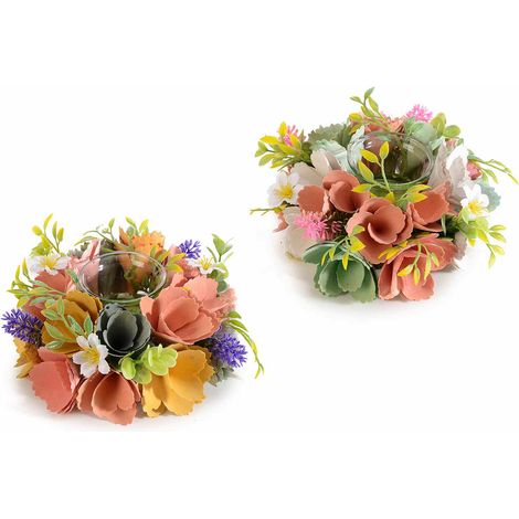 Centrotavola con fiori colorati in legno e vasetto portacandela in vetro, set da 2 pezzi, Ø 17 cm x 7 H