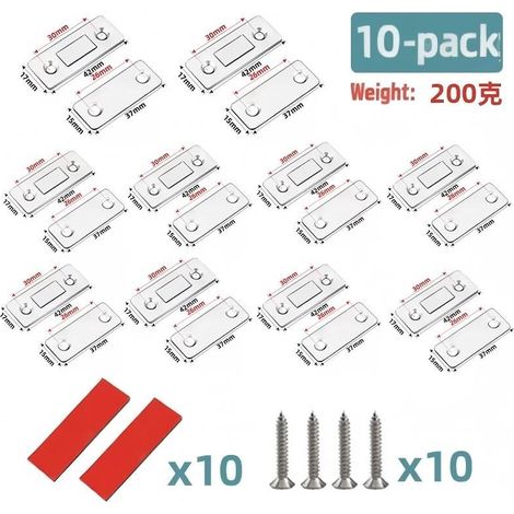 Lot de 10 aimants de porte d'armoire, fermoir magnétique pour meuble, fixation double : vis ou autocollant, loquet magnétique en acier inoxydable pour placard, armoire et tiroir (1/5)