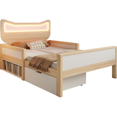 Lit coffre enfant 90x200cm avec tête lit oreilles de chat éclairage led tiroir rangement montable gauche droite barrières sécurité, bois blanc chêne (1/5)