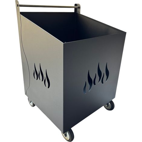 Porta Legna con Ruote, Porta Pellet, in Ferro Battuto, Grigio antracite, 52x47x80h cm, Motivo Fiamma, Per Camino e Stufe