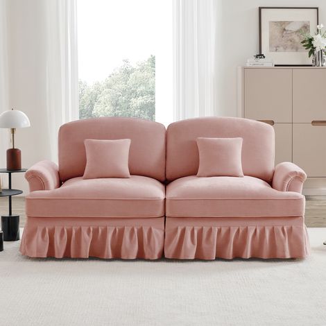 Divano moderno a 2 posti in stile medievale, con braccioli allungati, gonne plissettate rimovibili e gambe in legno, rivestito in confortevole tessuto di ciniglia - Ideale per il soggiorno - Rosa