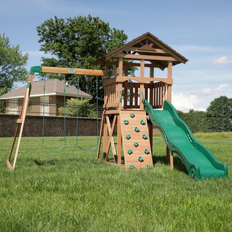 Backyard Discovery Lightning Ridge Cedar Wood Climbing Frame with Wave Slide, Play Deck, Rock Wall, and Sandbox (1/5)
