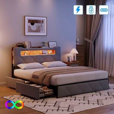 Lit adulte en velours gris 140x190 cm avec quatre tiroirs de rangement et éclairage LED intégré (1/5)