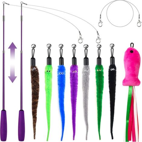 Ensemble de cannes télescopiques colorées pour chat (2 cannes télescopiques + 8 embouts de plumes de rechange + cordes de rechange)