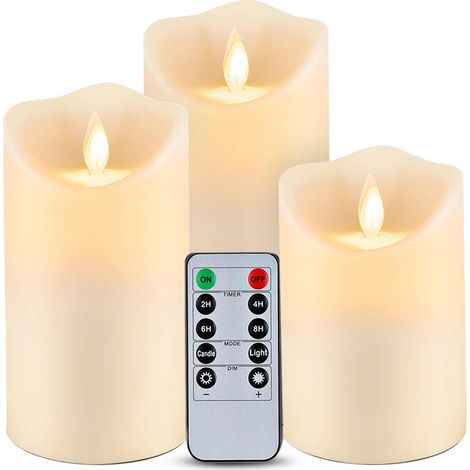 Bougies LED, lot de 3 bougies sans flamme, bougies à piles à effet vacillant, diamètre 7,5 cm x hauteur 10/12,5/15 cm, bougies en cire véritable avec télécommande et minuterie 24 heures (ivoire) (1/5)