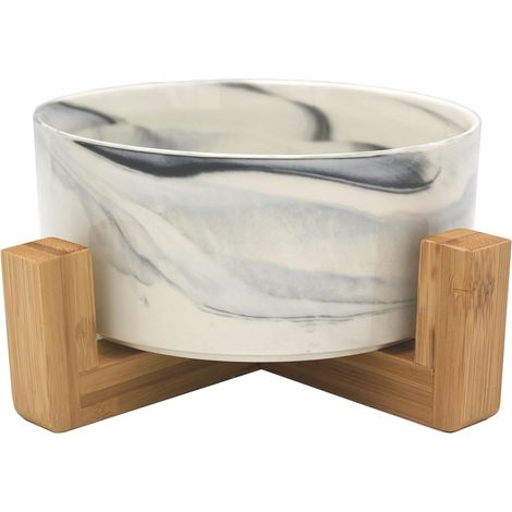 Bol céramique 850 ml + support bambou, position confortable mange/buvée, gris marbre (1/3)