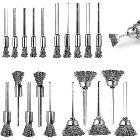 20 Pcs Steel Brush,Battery Driver,Stainless Steel Wire Brush,3mm Shaft,4 Sizes (5/6/8/15mm) Wire Brush (1/5)