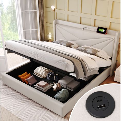 Polsterbett 160/200 cm beige aus Baumwoll-Leinen mit Bettkasten und USB-C-Ladefunktion (1/5)