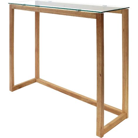 Altobuy – Console rectangulaire en bois massif hévéa – Plateau en verre trempé 8mm – Dimensions 100x32xH87cm – Design moderne élégant (1/4)
