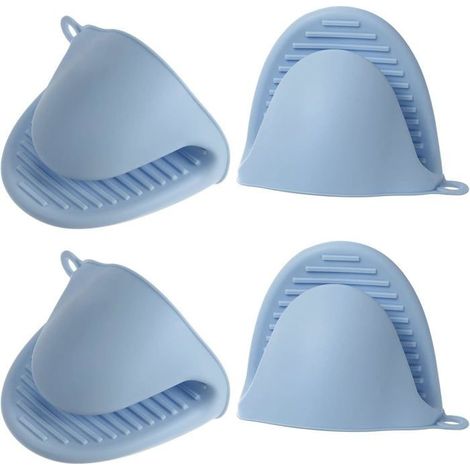 Lot de 4 mini gants de cuisine épais en silicone résistant à la chaleur pour cuisine, pâtisserie, barbecue, bleu clair (1/5)
