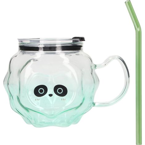 500 ml Milchbecher im Panda-Design, robuste Konstruktion mit Glasstrohhalm, ideal für Zuhause, Büro oder Schule. (1/5)