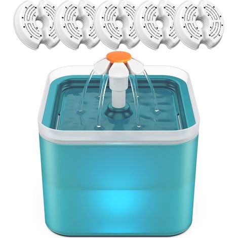 Fuente de agua para gatos y perros  de 2 litros con 5 filtros reemplazables, dispensador de agua silencioso para gatos, color verde.