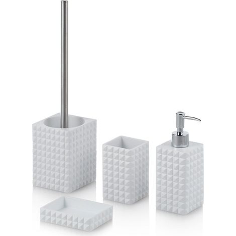 "Set bagno 4 pezzi GEOMETRIC in resina e metallo bianco"