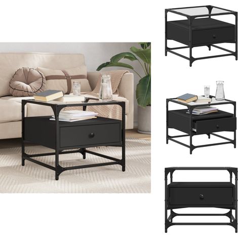 Couchtisch mit Glasplatte Schwarz 50x50x45 cm Stahl - Eleganter Couchtisch - Wohnzimmerstil - Glastischplatte - Holzwerkstoff - Edelstahlgestell (1/5)