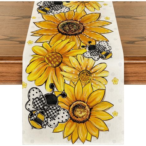 Chemin de table de printemps, tournesols, abeilles, décoration de table de cuisine d'été, intérieur, décor de fête/vacances, 40 x 140 cm (1/5)