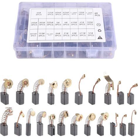 69 spazzole di carbone, 23 dimensioni di spazzole di carbone per utensili elettrici, spazzole di carbone di ricambio, spazzole del motore compatibili con smerigliatrici angolari e martelli. (1/5)