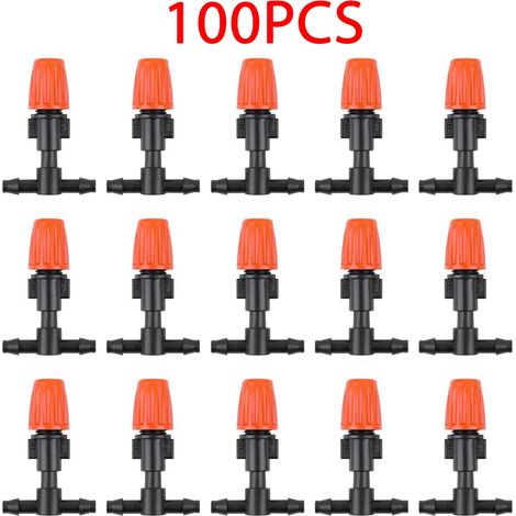 (100 pièces) Buse de brumisation réglable orange en T (7,5-10 L/h) avec raccord en T 1/4" pour système d'arrosage de jardin/serre/tuyau de 4/7 mm (1/4)