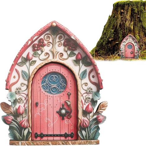 Märchenhafte, hölzerne Wandtür, Miniaturornament für Garten, Baum, Innen- oder Außenbereich (12x16 cm)