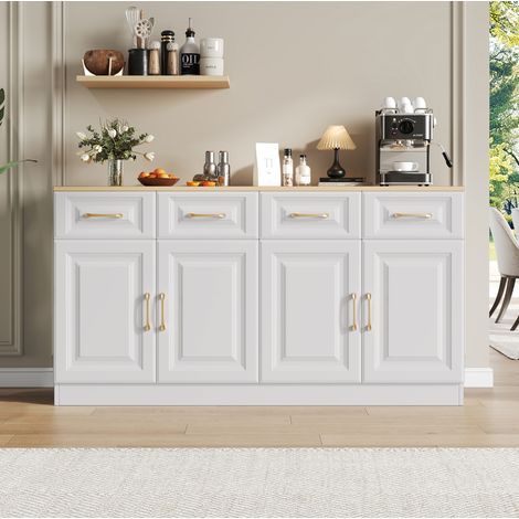 Buffet bahut 140x40x75 cm blanc et chêne en panneaux de particules avec 4 tiroirs, 4 portes et étagères réglables (1/5)