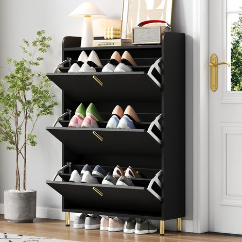 Zapatero de entrada con 3 puertas abatibles, 80x23x123,5 cm, MDF negro mate, patas de metal dorado (1/5)