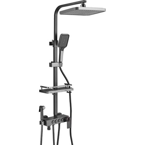Colonne de douche thermostatique gun metal avec douche de tête carrée effet pluie, douchette à main 3 jets, mitigeur à boutons, tablette de rangement, tube carré, acier inoxydable et ABS, entraxe régl (1/2)