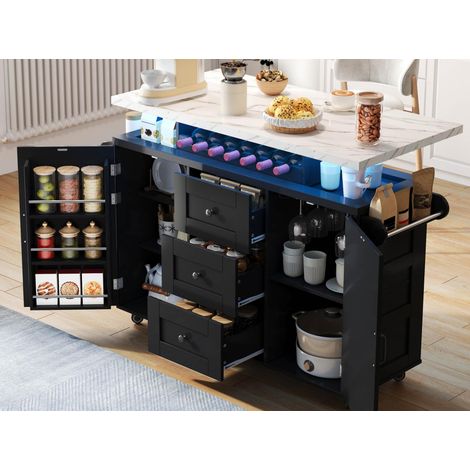 Modernluxe - Îlot central de cuisine avec table rabattable, LED, 2 portes et 3 tiroirs, porte-verres, roulettes - noir (1/2)