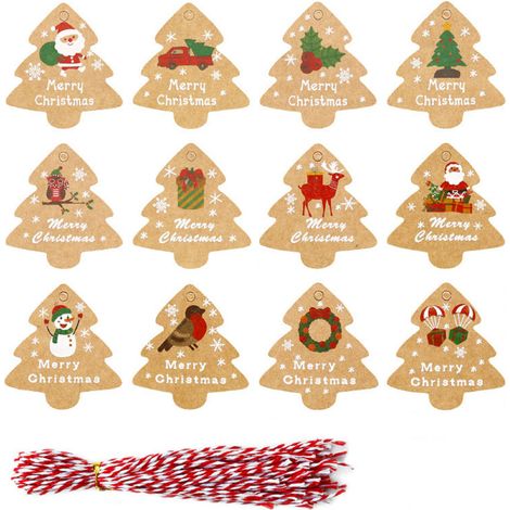 Etiquettes Cadeaux Noel - 48 Pièces - 12 Motifs Différents - Carton Épais 300 g/m² - Dimensions 4,6 x 5 cm - Avec Cordon de 25 cm - Pour Emballage Cadeaux et Décoration Arbre (1/5)