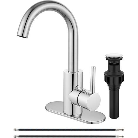 Robinet de lavabo de salle de bain en laiton poli avec trop-plein - Poignée unique - Robinet mélangeur en laiton - Avec bonde de vidage et plaque de protection (1/4)