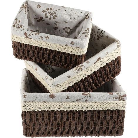Set of rectangular woven nesting baskets, wicker storage bin, straw shelf organizer with lining, decorative for bathroom, closet, cosmetics, shoes (1/5)