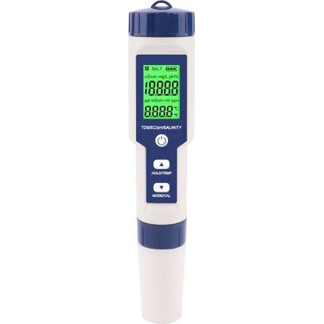 Medidor de salinidad para piscinas, medidor digital de salinidad para agua de mar 5 en 1, kit de prueba impermeable IP67 (1/4)