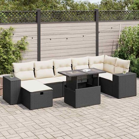 Ensemble Salon Jardin 5 Places Noir Résine Tressée avec Coussins Crème - Canapé d'Angle, Table et Pouf Rangement Intégré (1/4)