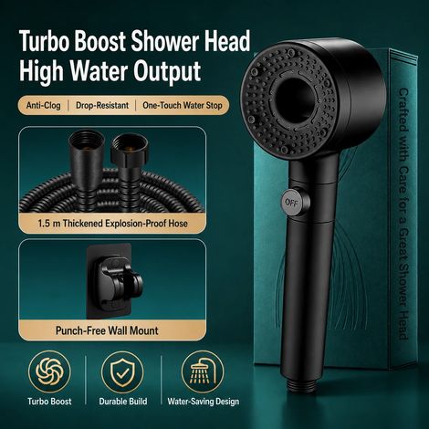 (Ensemble de douche noir 5 pièces) Pommeau de douche haute pression Turbo Fan avec filtre, douchette à main économique en eau, jet à arrêt automatique pour salle de bain (1/5)