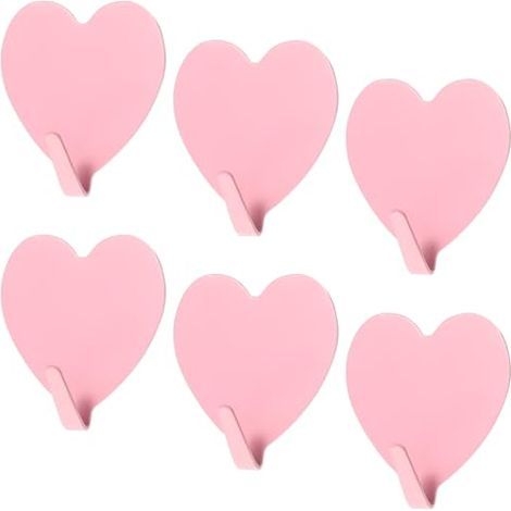 Lot de 6 crochets autocollants coeurs - Acier inoxydable rose - Porte, couloir, salle de bain, cuisine, bureau - Crochets décoratifs (rose) (1/4)