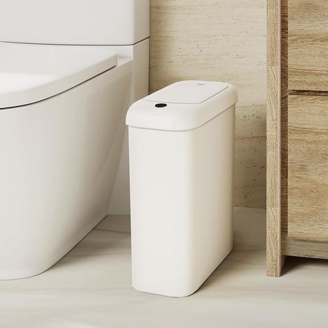 Poubelle automatique de salle de bain avec couvercle, 9 litres, fine, sans contact, poubelle étanche avec détecteur de mouvement, pour salle de bain, bureau, cuisine, blanc (1/5)