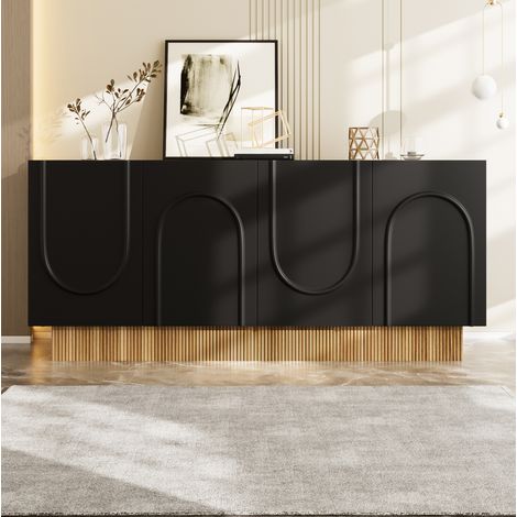 Aparador 160x38x75 cm negro y madera en tablero de partículas con 4 puertas y relieve en U (1/5)