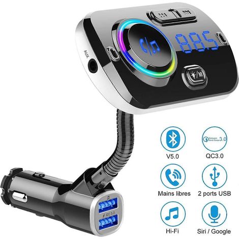 Accessoires auto : Émetteur FM Bluetooth 5.0, adaptateur Bluetooth pour autoradio, kit mains libres 7 couleurs pour la lecture de musique. (1/5)