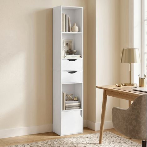 Libreria stretta 30x24x158 cm con 2 cassetti e 3 ripiani regolabili, salvaspazio, MDF bianco (1/5)