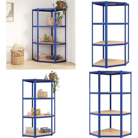 Eckregal mit 4 Böden Blau Stahl & Holzwerkstoff - Eckregal - Industrielles Regal - Metallregal - Lageregel - Werkzeugregal - Home & Living