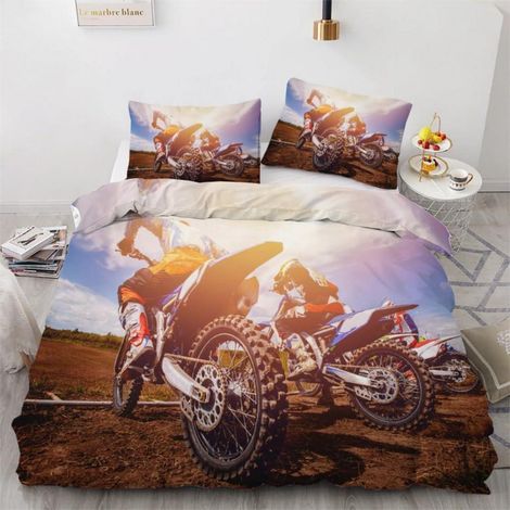 Bettwäsche-Set 220x240 cm mit 2 Kissenbezügen 80x80 cm, 3D Motocross-Design, Mikrofaser