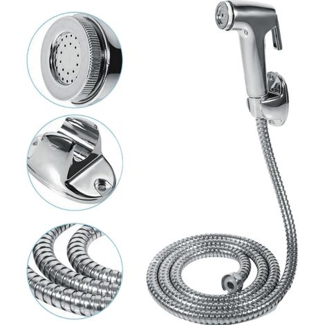 Douchette WC : robinet 3 voies laiton chromé, douchette ABS, flexible 1,5m, support mural (1/5)