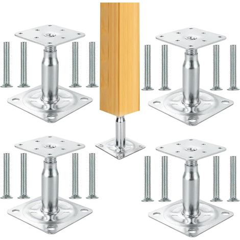 Lot de 4 supports de poteau réglables en hauteur de 100 à 150 mm, plaque supérieure de 75 x 75 x 3 mm pour clôtures, abris, pergolas, travaux de construction (1/5)