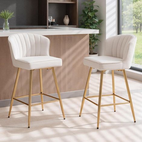 Barhocker 2er Set Samt mit Rückenlehne & goldenen Metallbeinen, Beige (1/5)
