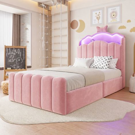 Lit coffre enfant rembourré 90x200 cm, rangement hydraulique, tête de lit nœud ouvrante, LED réglable, USB/USB-C, velours - Rose (1/5)