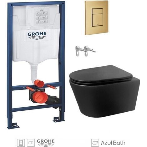 Pack WC inodoro suspendido con bastidor GROHE Rapid SL y pulsador skate oro cepillado y inodoro Lia Rimless negro mate AzulBath (1/5)