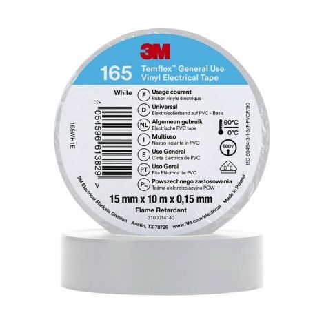 3M – Ruban isolant vinyle blanc 10m x 15mm – Résistance chaleur +90°C – Épaisseur 0.152mm – Applications électriques et isolation