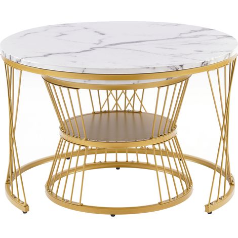 WF319028AAA) Table basse gigogne moderne, lot de tables basses brillantes, tables d'appoint rondes pour canapé avec placage effet marbre, lot de 2, structure couleur dorée (1/5)