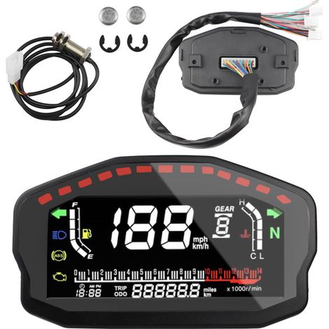 Motorcycle modification with color LCD dashboard: speedometer, tachometer, coolant temperature indicator, fuel gauge, odometer, fuel level gauge, ABS and speedometer.